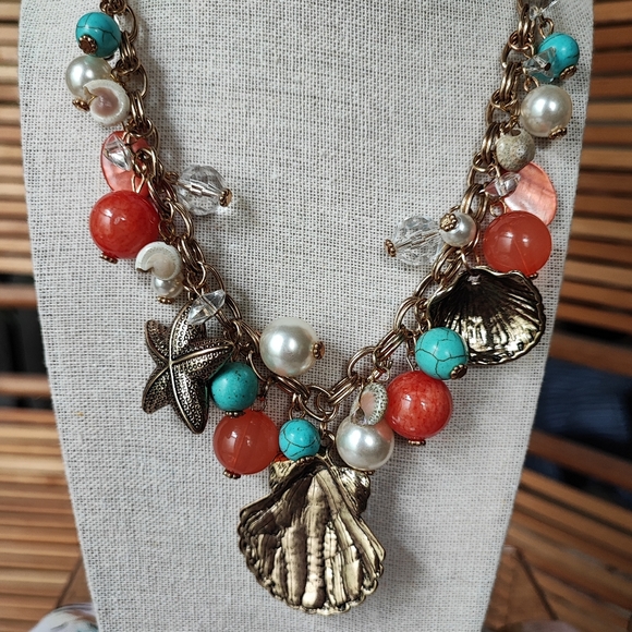 Erica Lyons EL Seashell Faux Pearl Glass Beaded Necklace Starfish Turquoise EUC - Picture 10 of 15